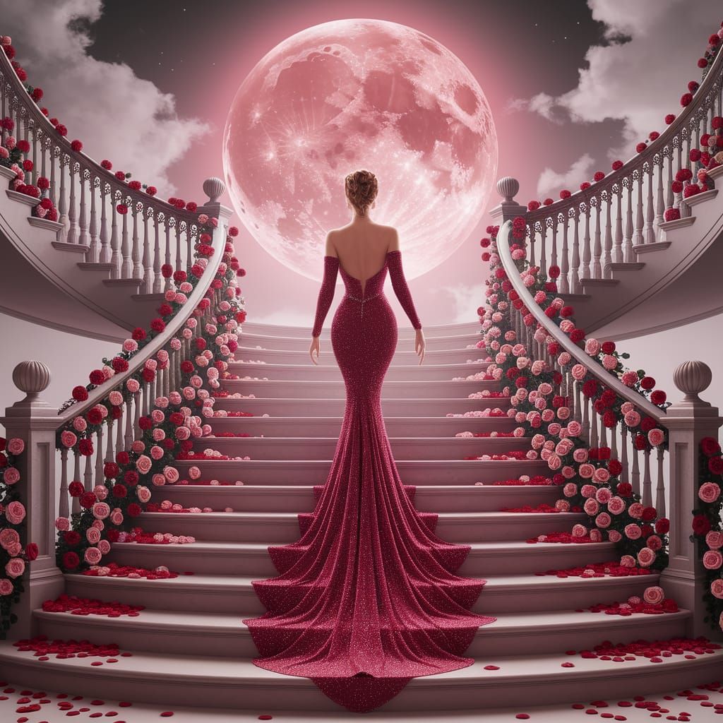 Elegant Woman in Crimson Gown on Rose-Adorned Staircase