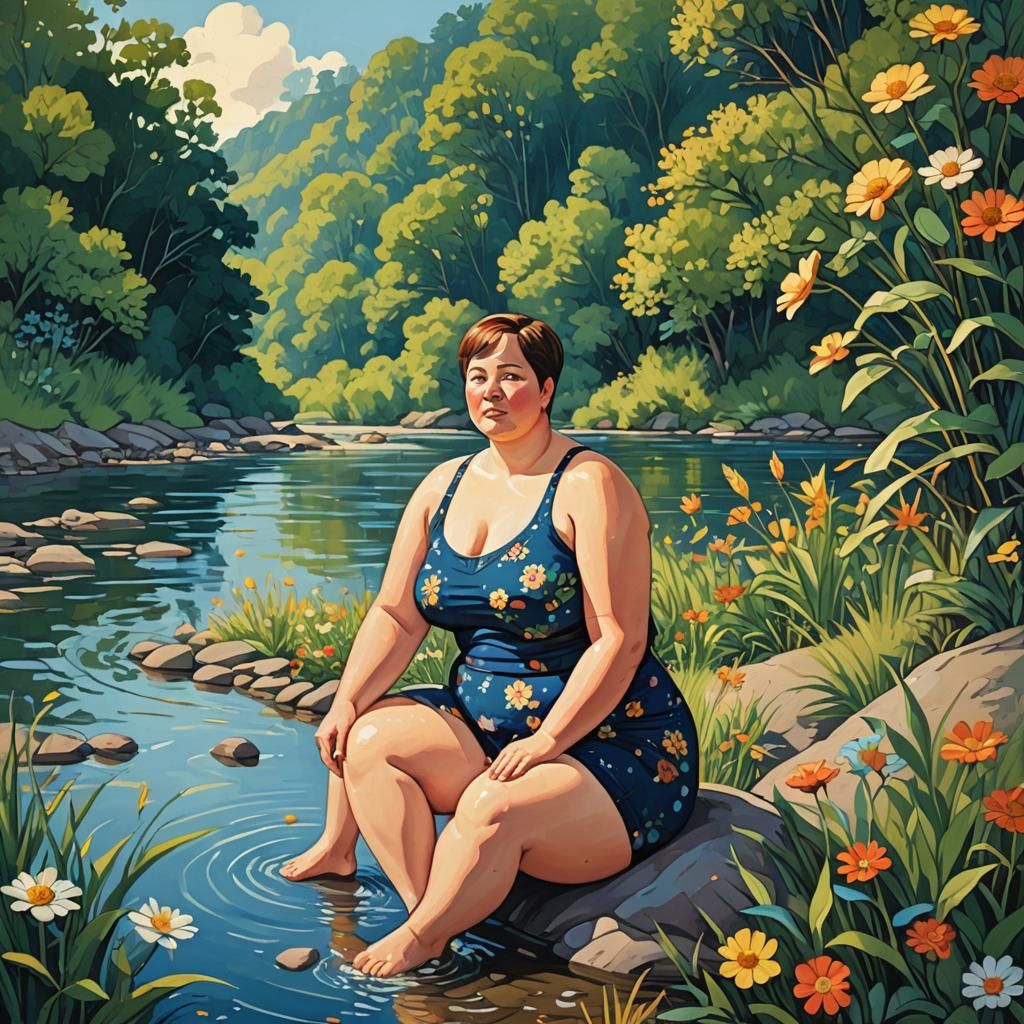 Naive Folk Art Woman Basks in the Sun on a Riverbank