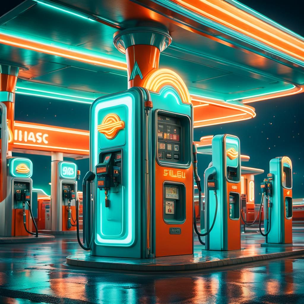 Art Deco Gas Station with Neon Alien Symbols