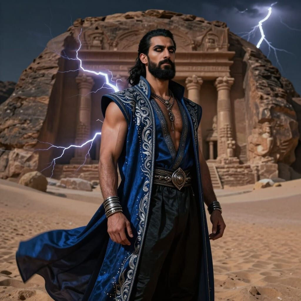 Mysterious Wizard Amidst Desert Lightning Storm