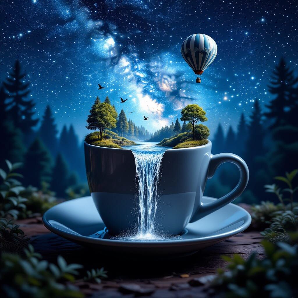 Surreal Waterfall Cup with Mystical Forest Scene