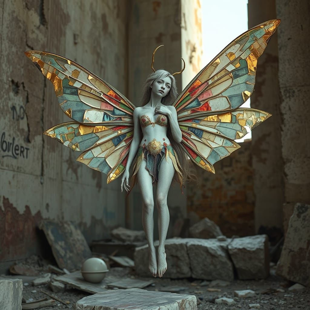 Surreal Fairy as Living Mural in Decaying Temple