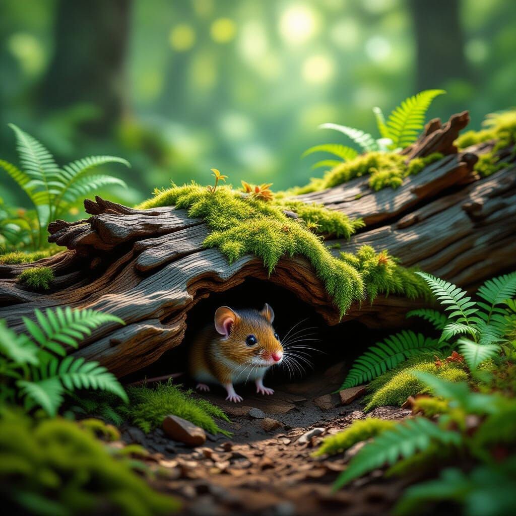 Mouse Peeks From Mossy Log in Hyperrealistic Forest
