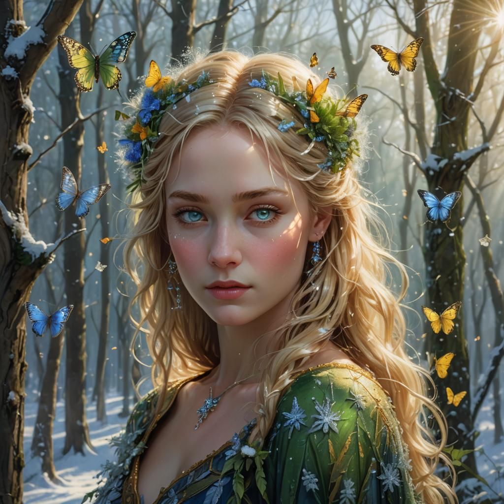 Golden-Haired Forest Queen in Winter Sunlight