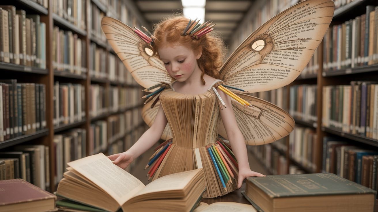 Literary Fairy in Library, Surreal Collage