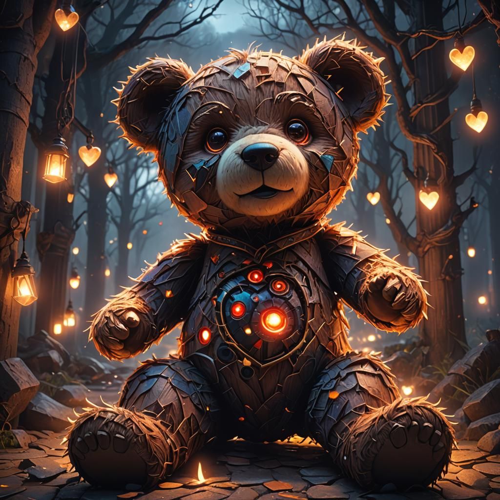 Glowing-Eyed Teddy Bear Surrounded by Love Lights