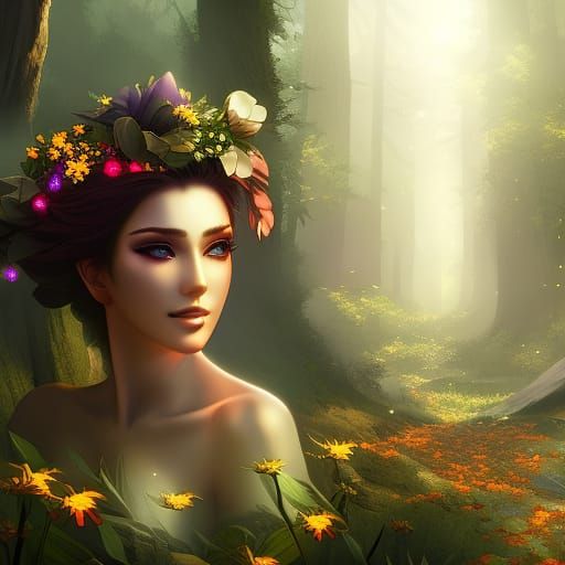 Beautiful Women in Forest of Flowers: Hyperrealistic Image