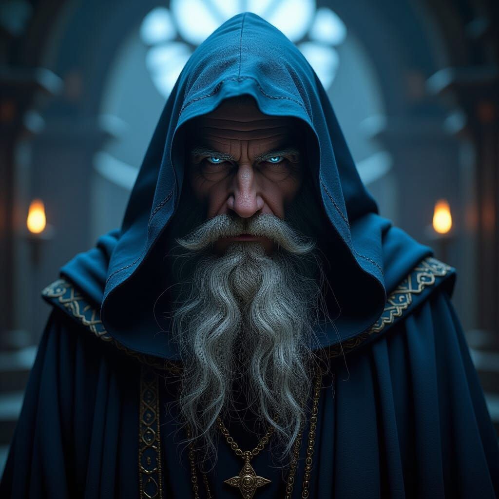 Wise Wizard with Black Beard in Cinematic Lighting