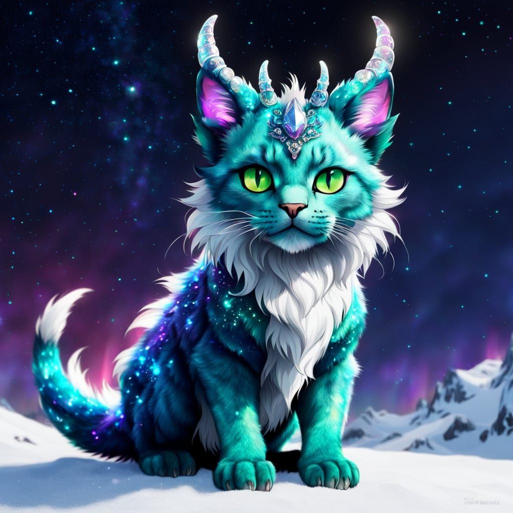 Dragon Tabaxi Cat with Crystal Horns and Sparkling Fur