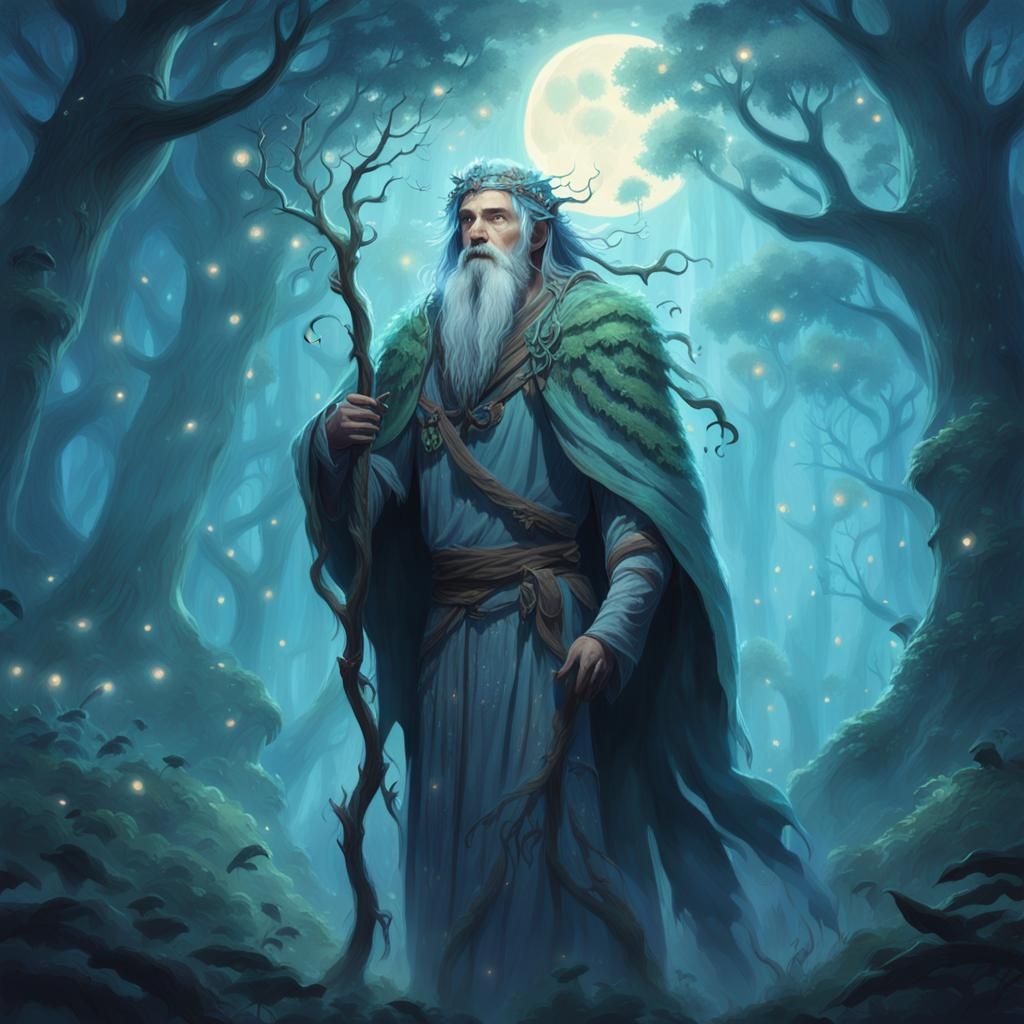 Druid in Moonlit Forest Fantasy Illustration