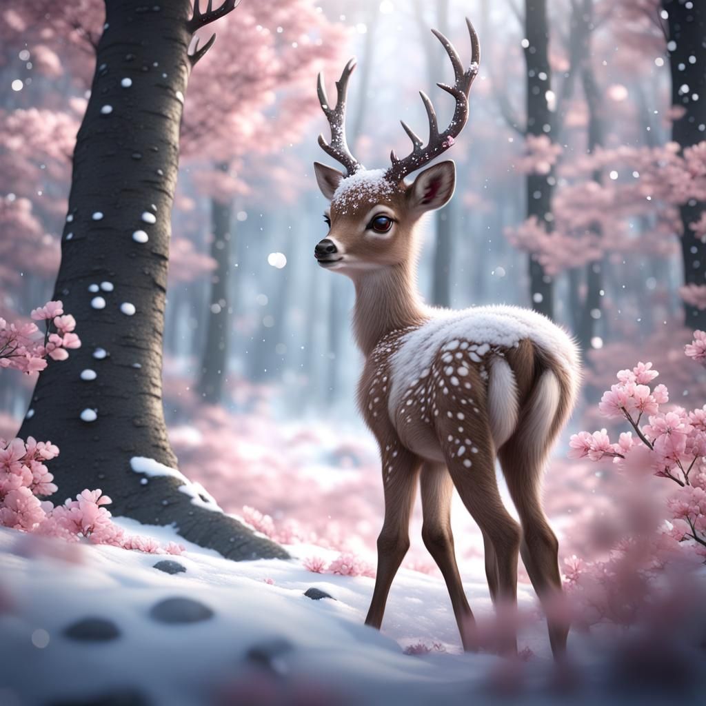 Winter Deer in Cherry Blossom Forest Painting