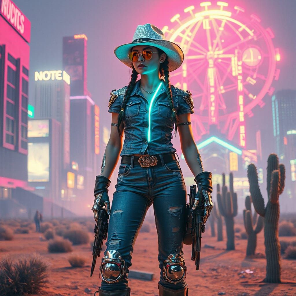 Cyborg Cowgirl in a Neon Metropolis