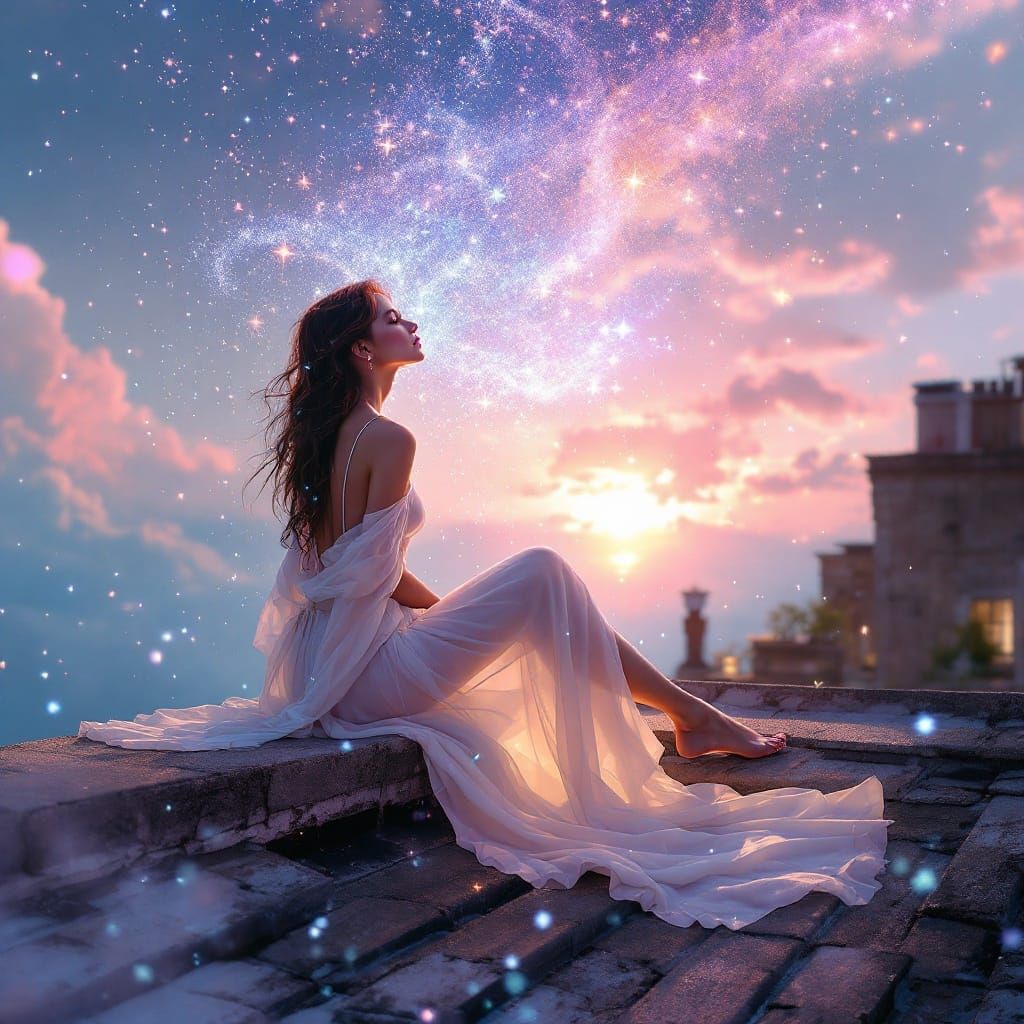 Ethereal Woman on Rooftop in Dreamy Aura