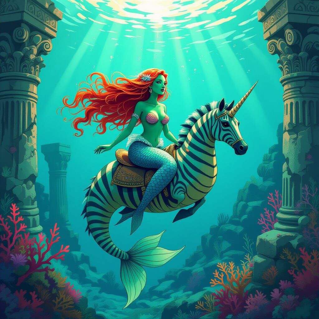 Mermaid on Zebra Seahorse in Sunken City