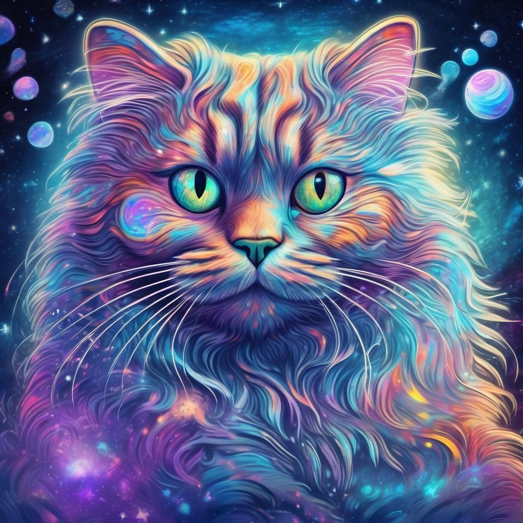 Fluffy Cat in Cosmic Children's Book Illustration
