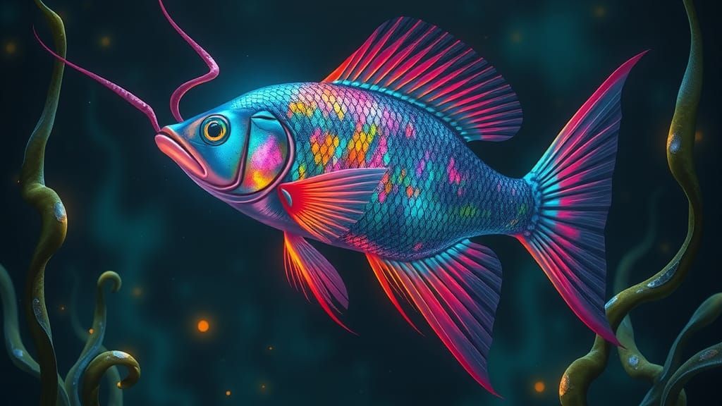 Iridescent Fish Radiating Light in Deep Sea