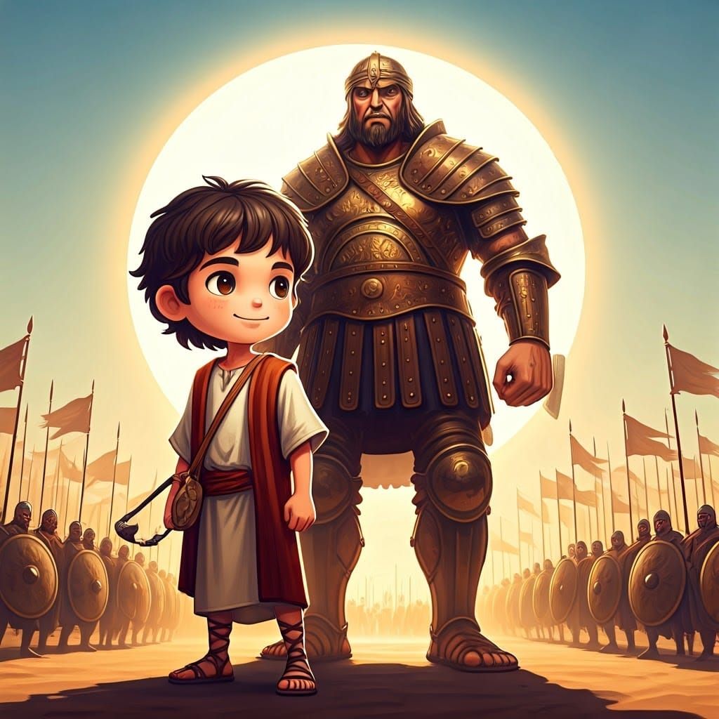 Chibi David Confronts Goliath in Digital 3D Art