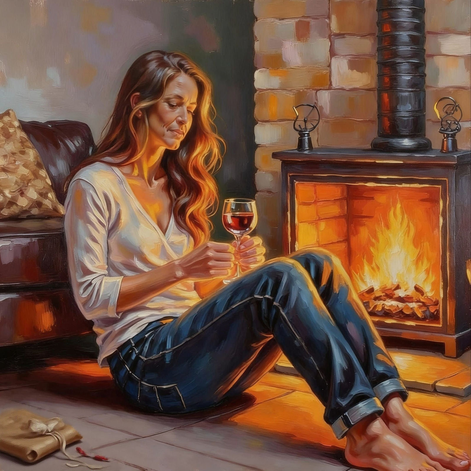 Tired Mother Enjoys Wine by Fireplace in Impasto Painting St...