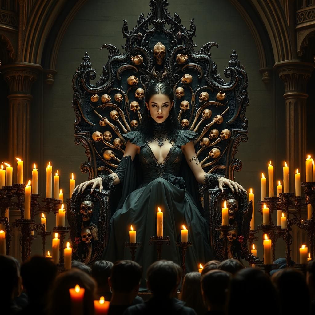 Queen Lilith on Skull Throne in Gothic Cathedral