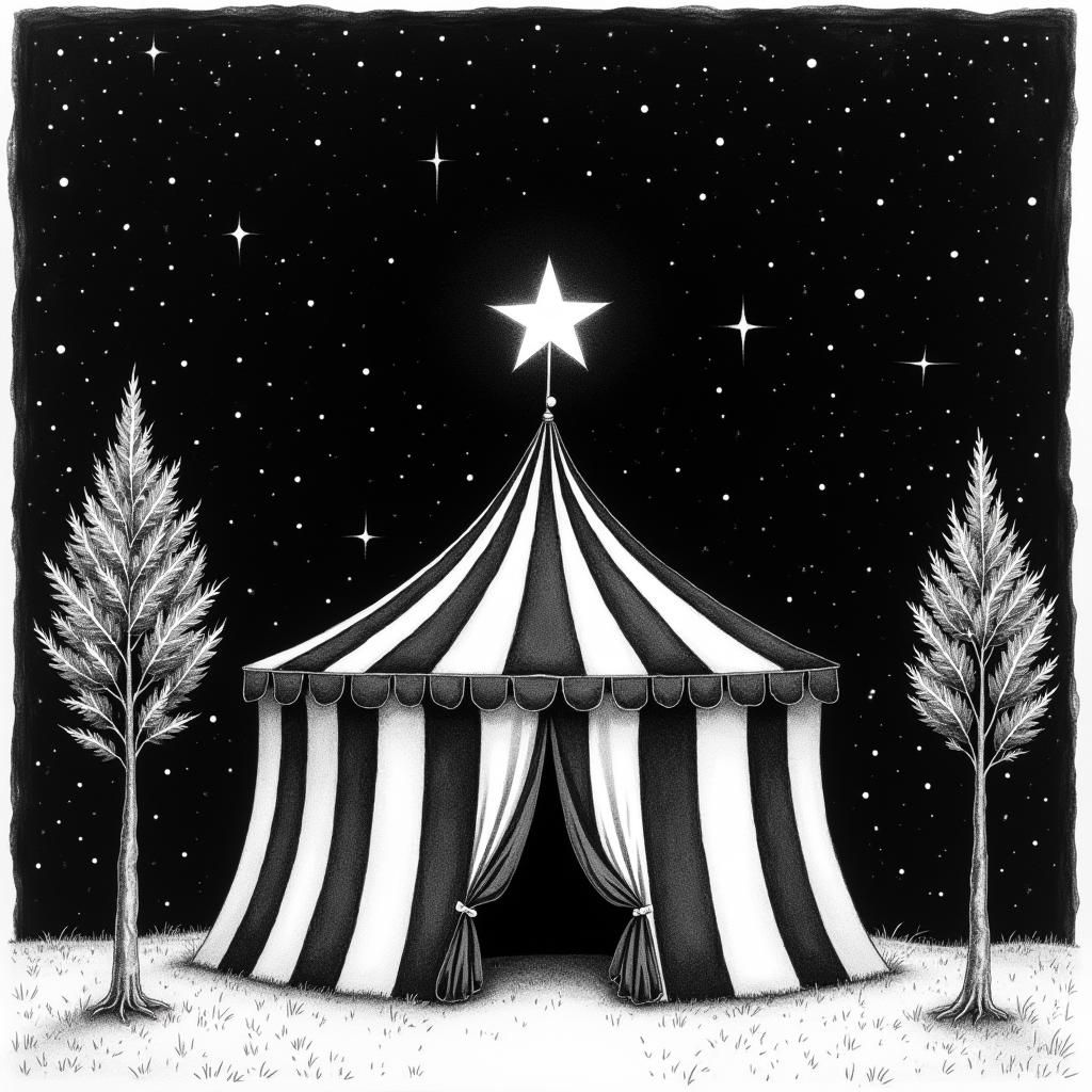 Circus Tent Under Starry Sky in Pen Drawing