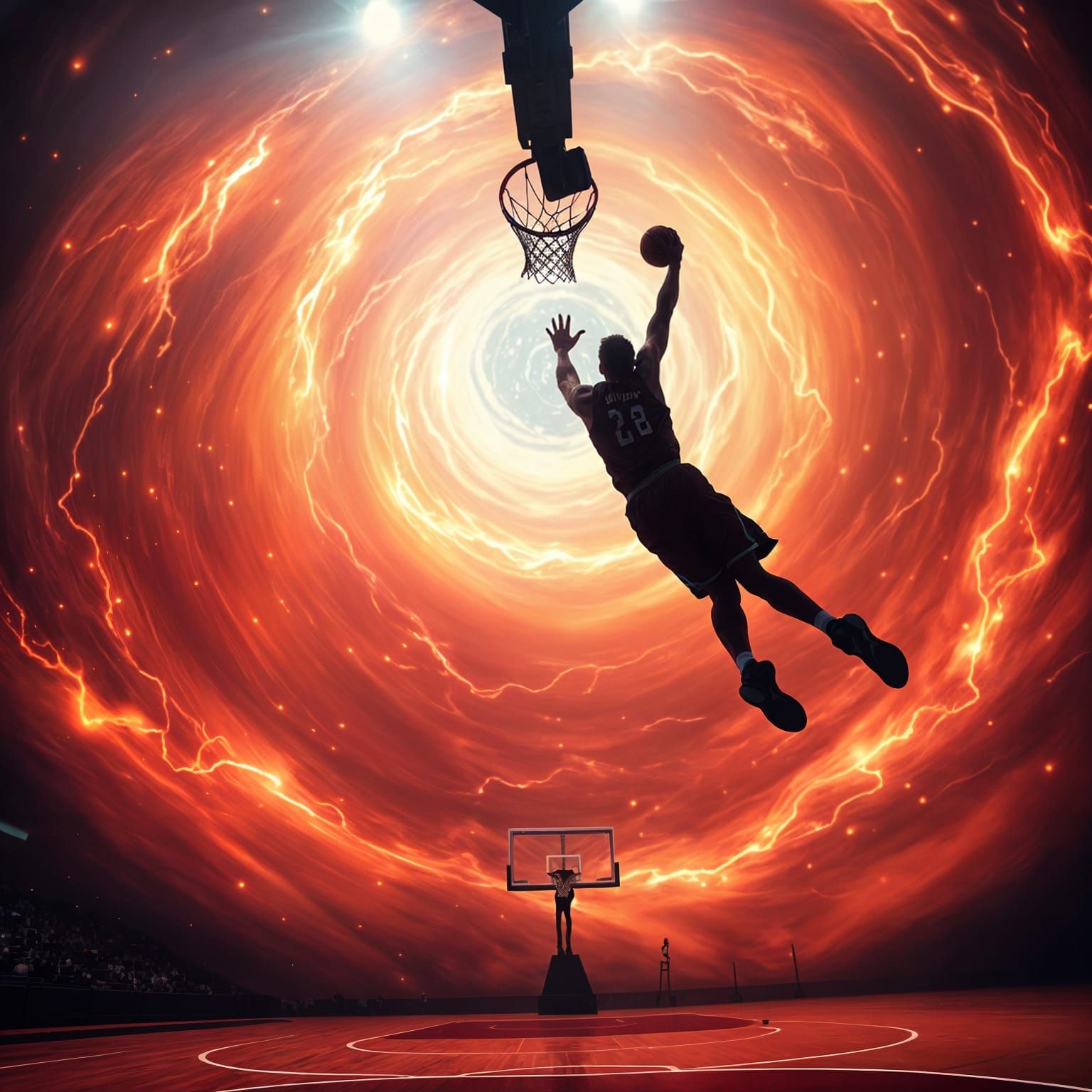 Basketball Player Soaring Through Cosmic Energy Vortex