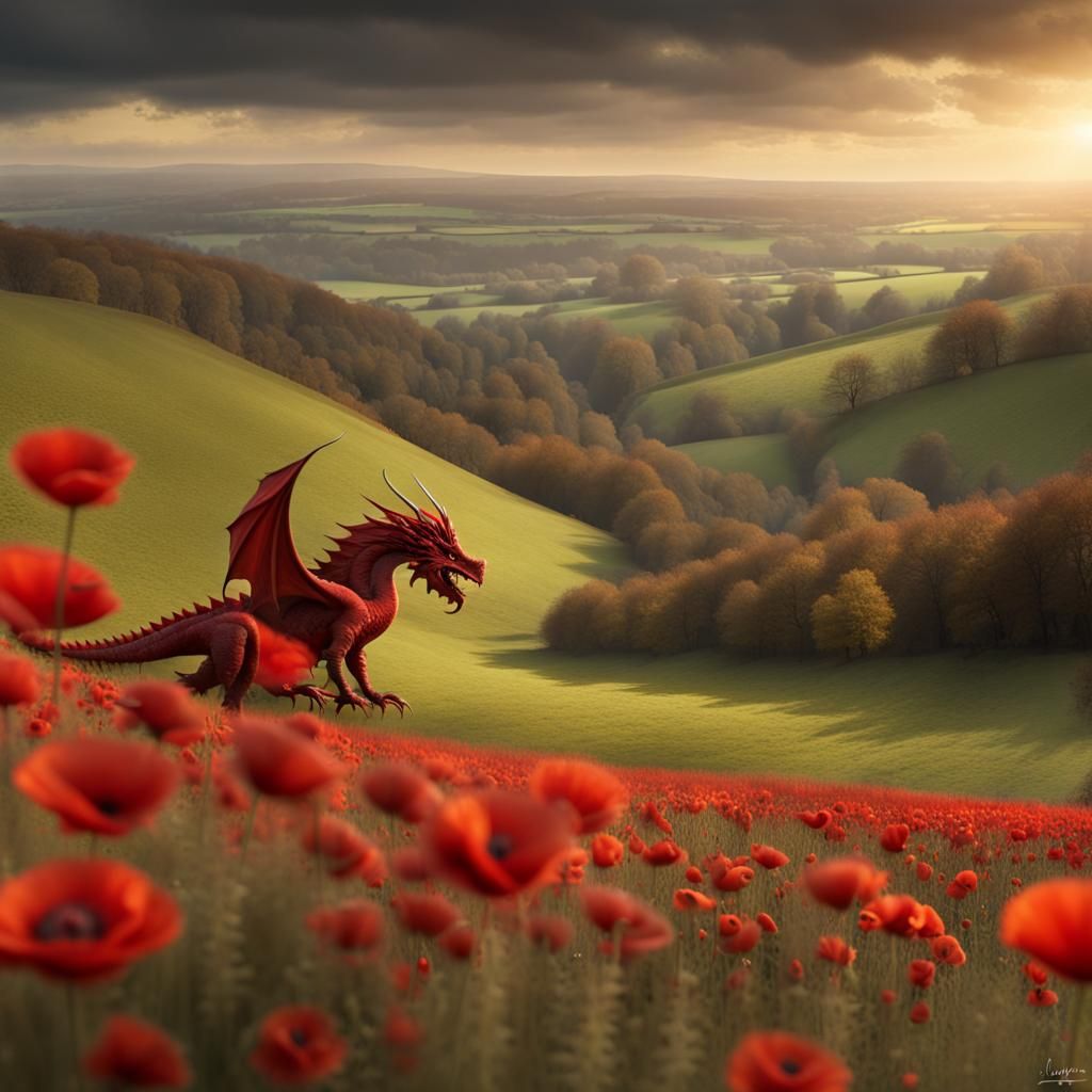 Welsh Dragon Overlooking Somme Valley Poppy Field