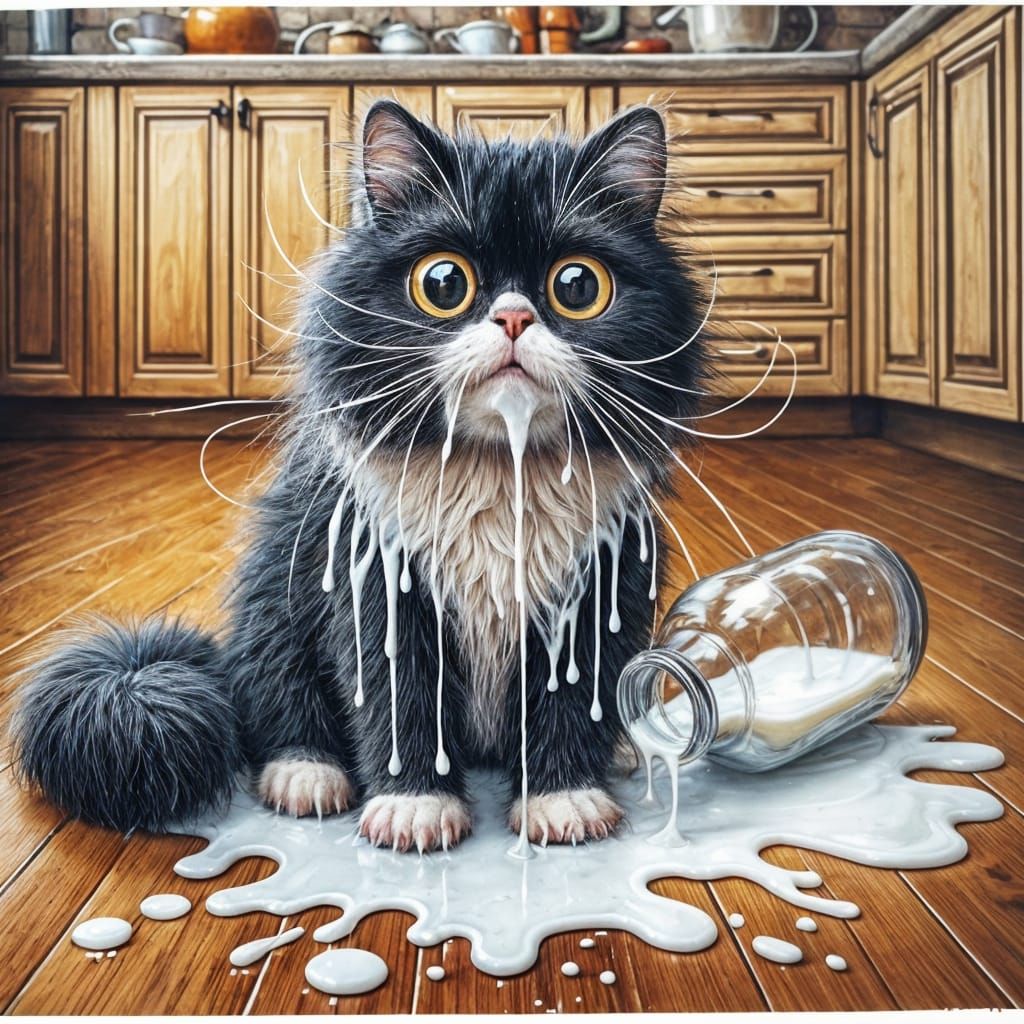 Fuzzy Tuxedo Cat in a Milk Splash