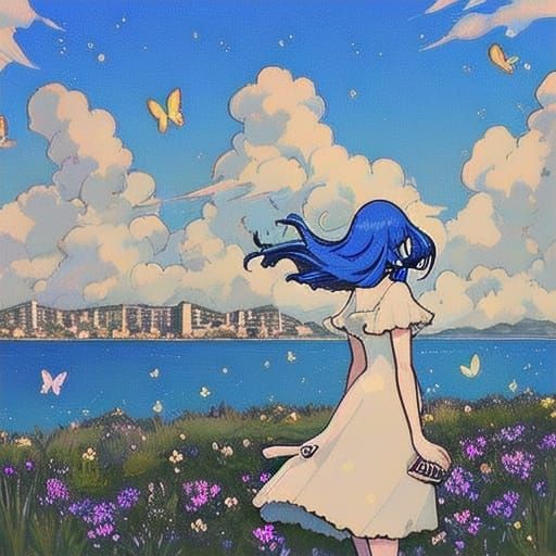 Kawaii Anime Girl Stands on Hill Overlooking Seaside Town at...