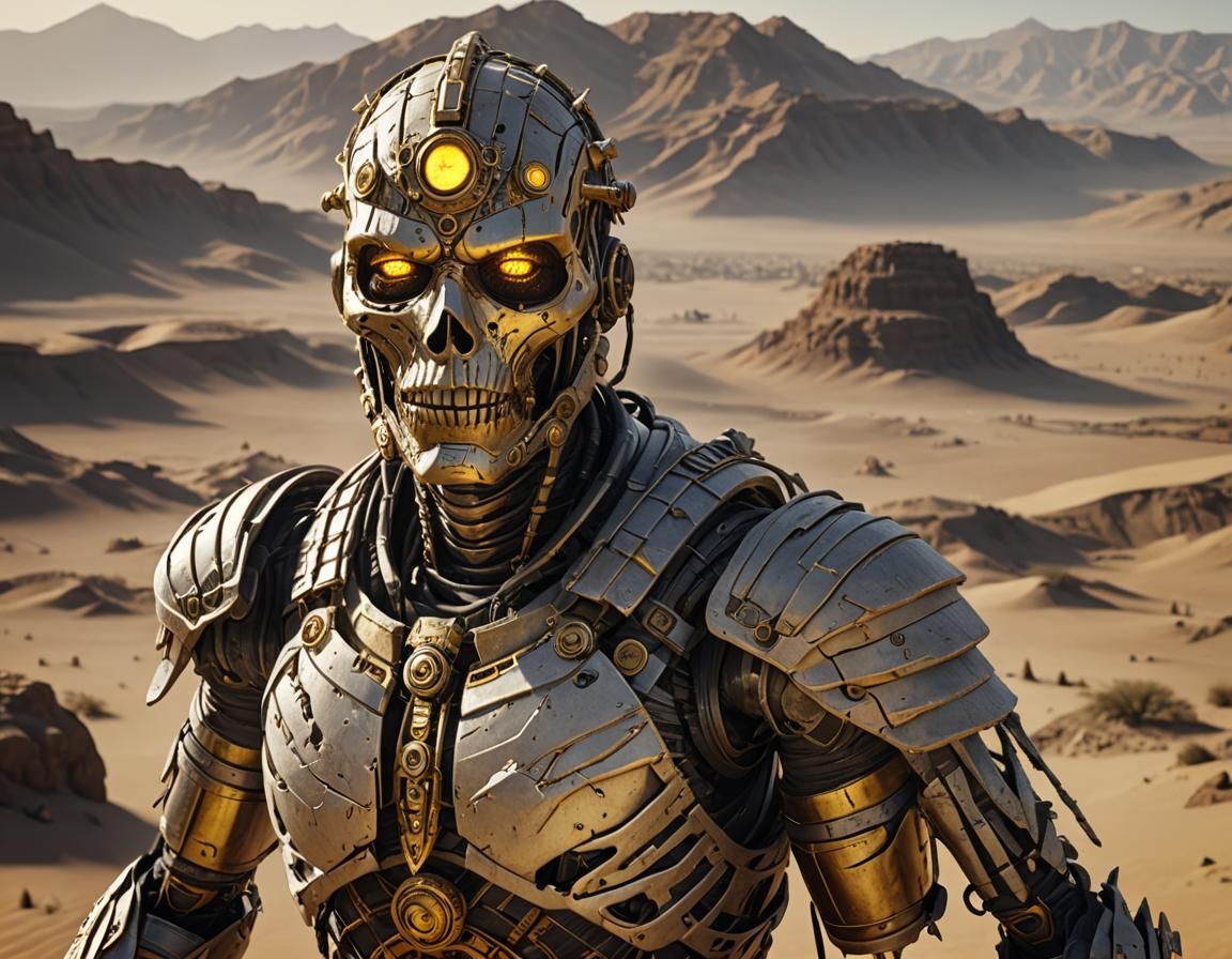 Cyborg mummy wrapped up in bandages, golden headdress