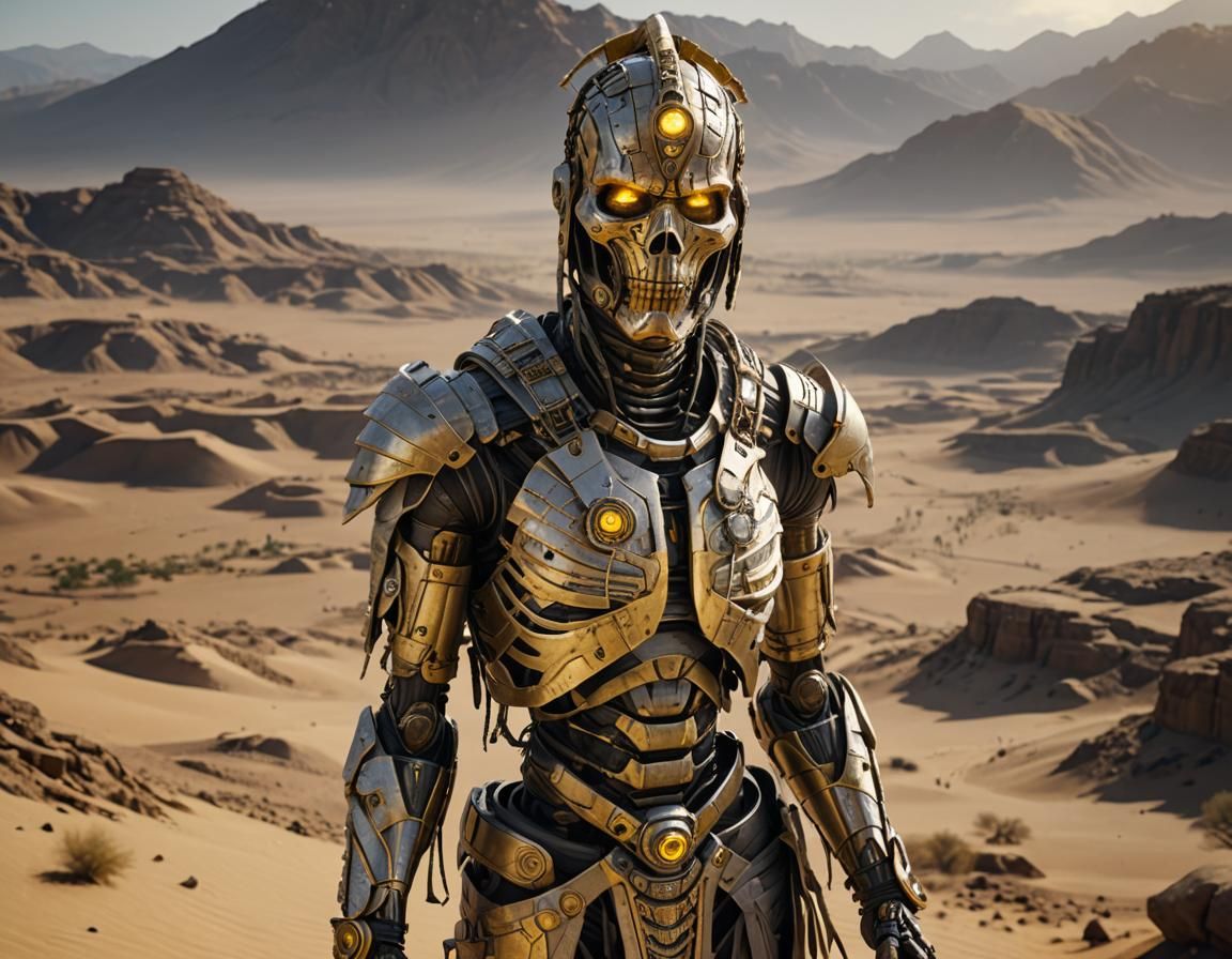 Cyborg mummy wrapped up in bandages, golden headdress