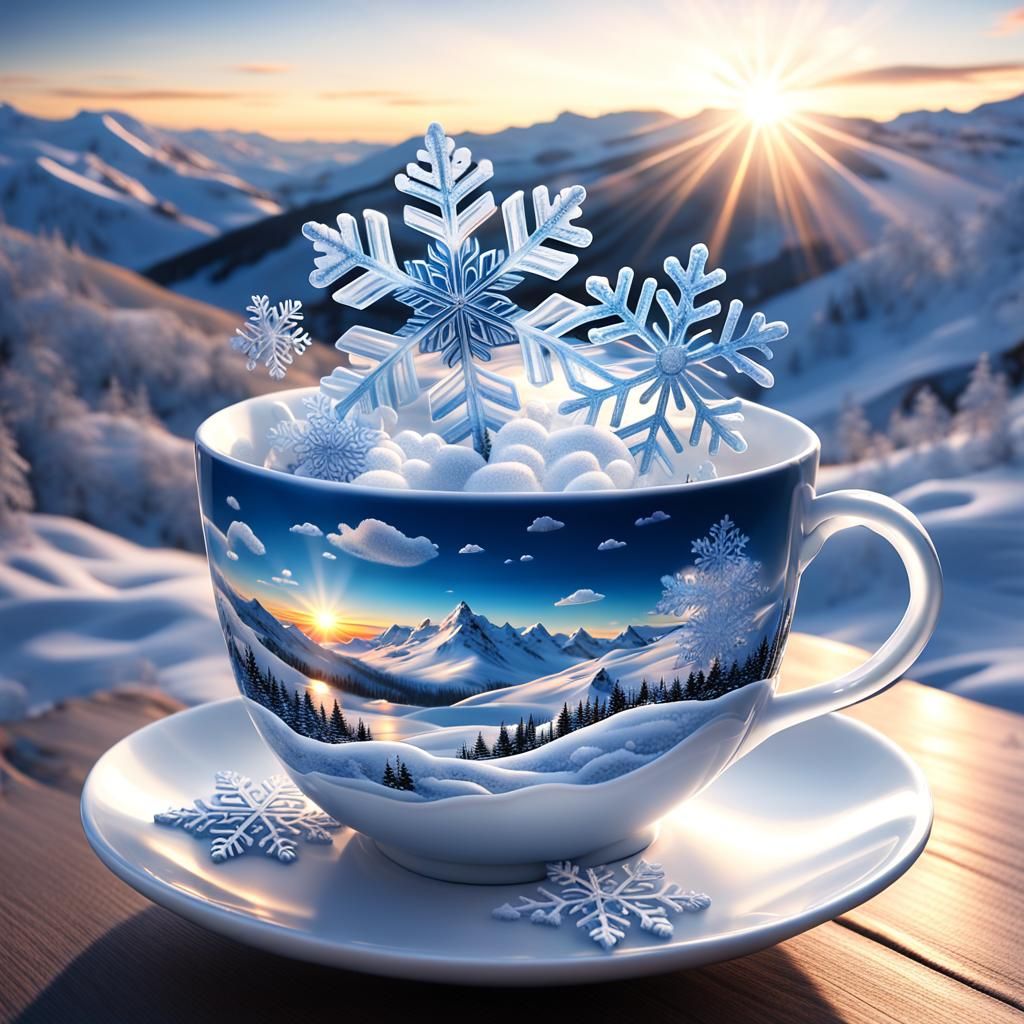 Surreal Winter Tea Scene in Hyperrealistic 3D Style