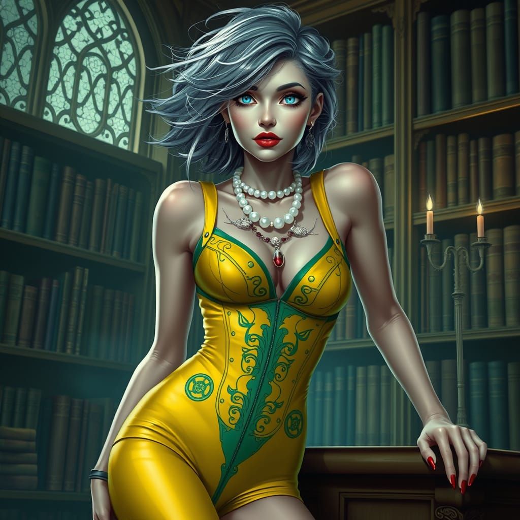 Steampunk Vampire Siren in Victorian Library