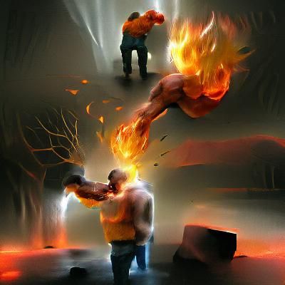 Fiery Man Punches Opponent: Digital Concept Art