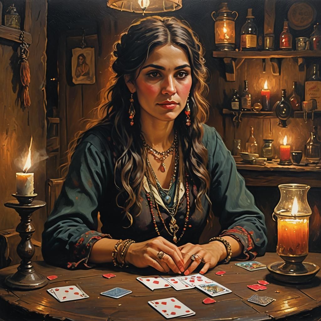 Mysterious Gypsy Woman in Dimly Lit Tavern as Oil Painting