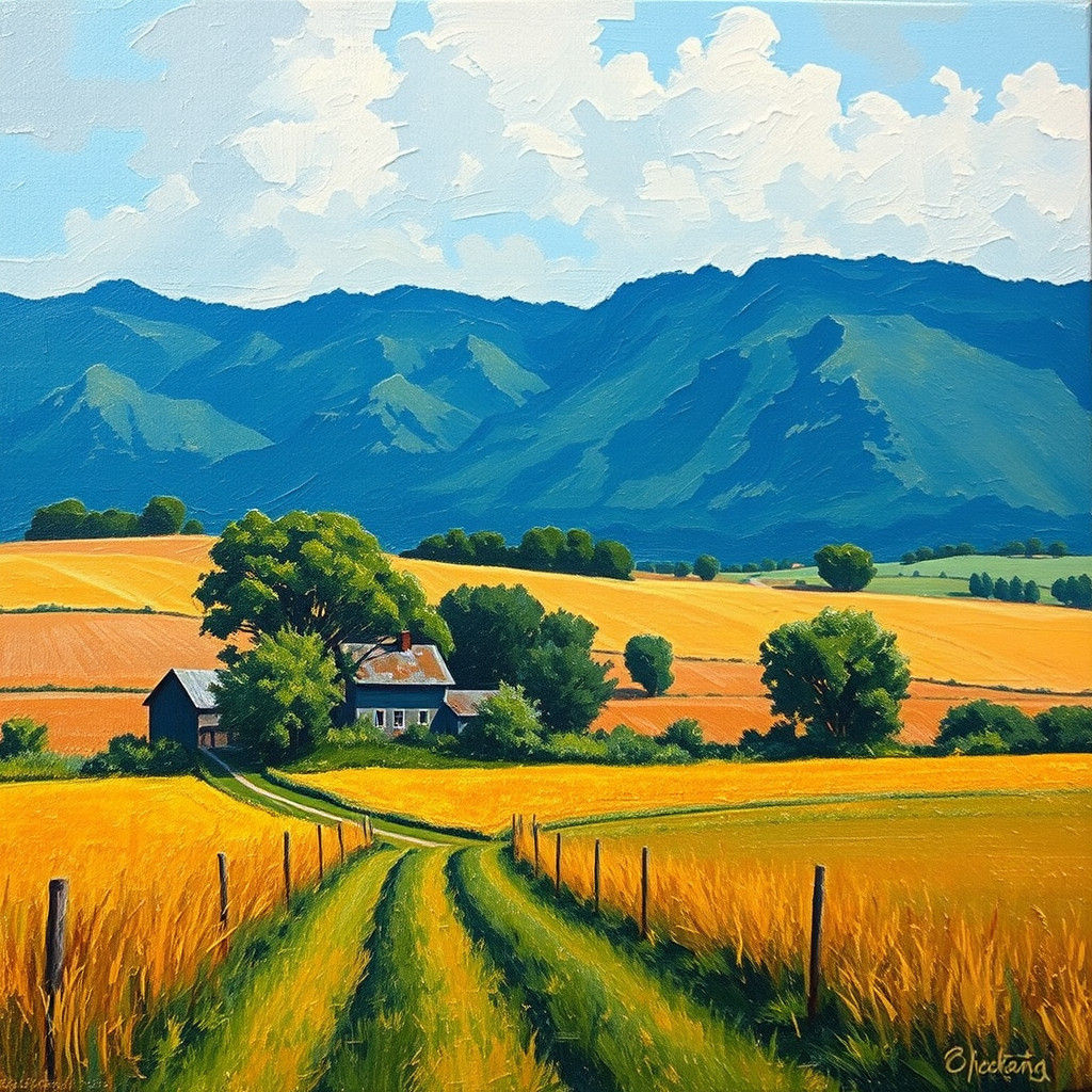 Idyllic Rural Farmland in Impasto Oil Painting
