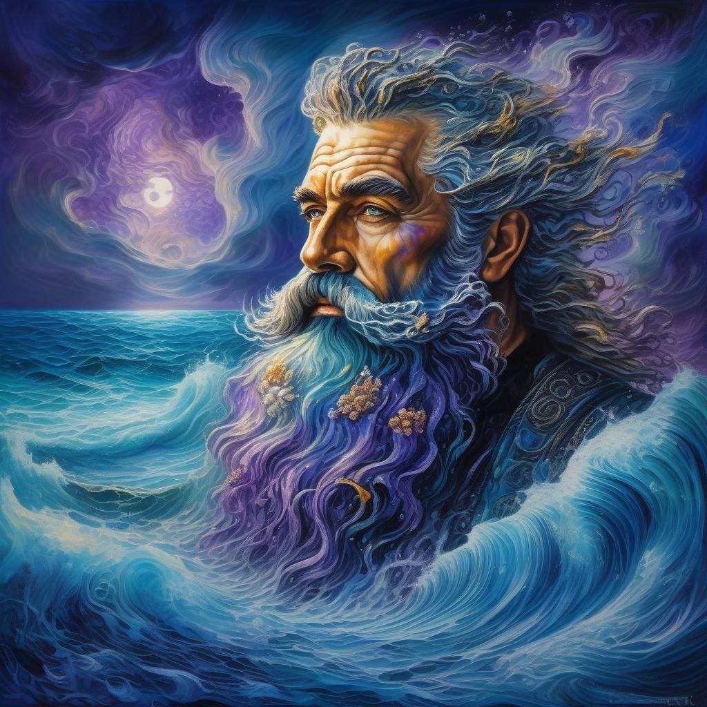 Sea King with Flowing Wave Beard in Surreal Style