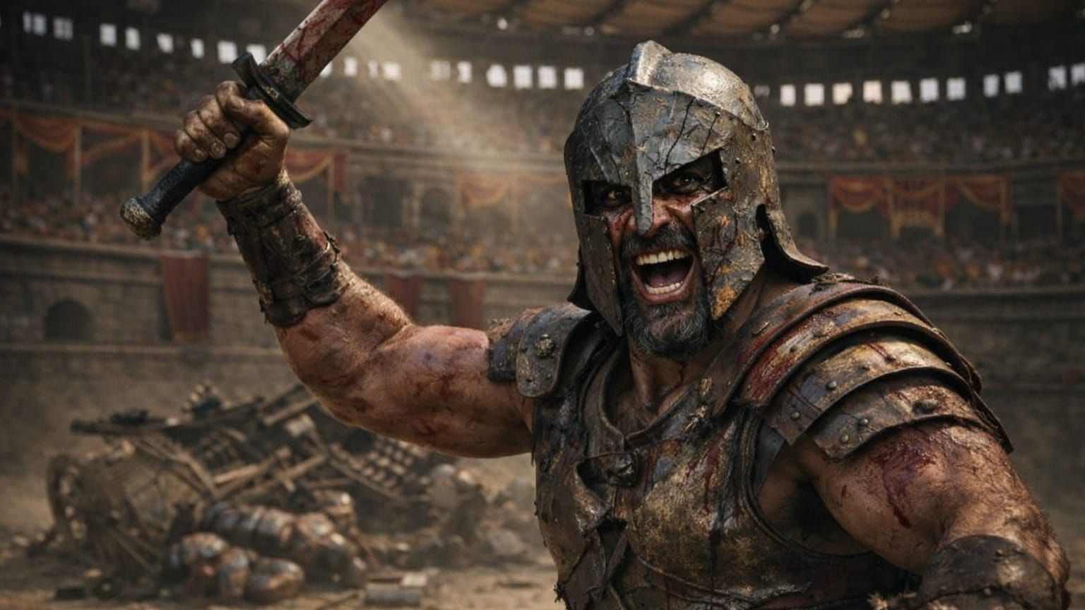 Gladiator Scowls Ready for Battle in Ancient Colosseum