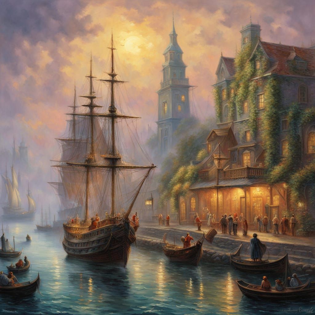 Three-Master Ship Sails into Harbor as Oil Painting