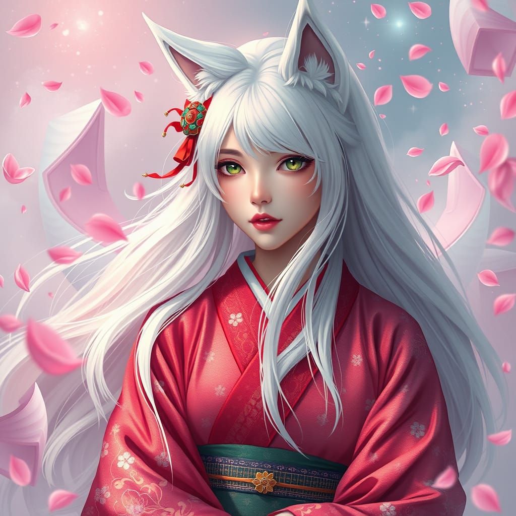 Ethereal Wolf Girl in Kimono, Digital Art