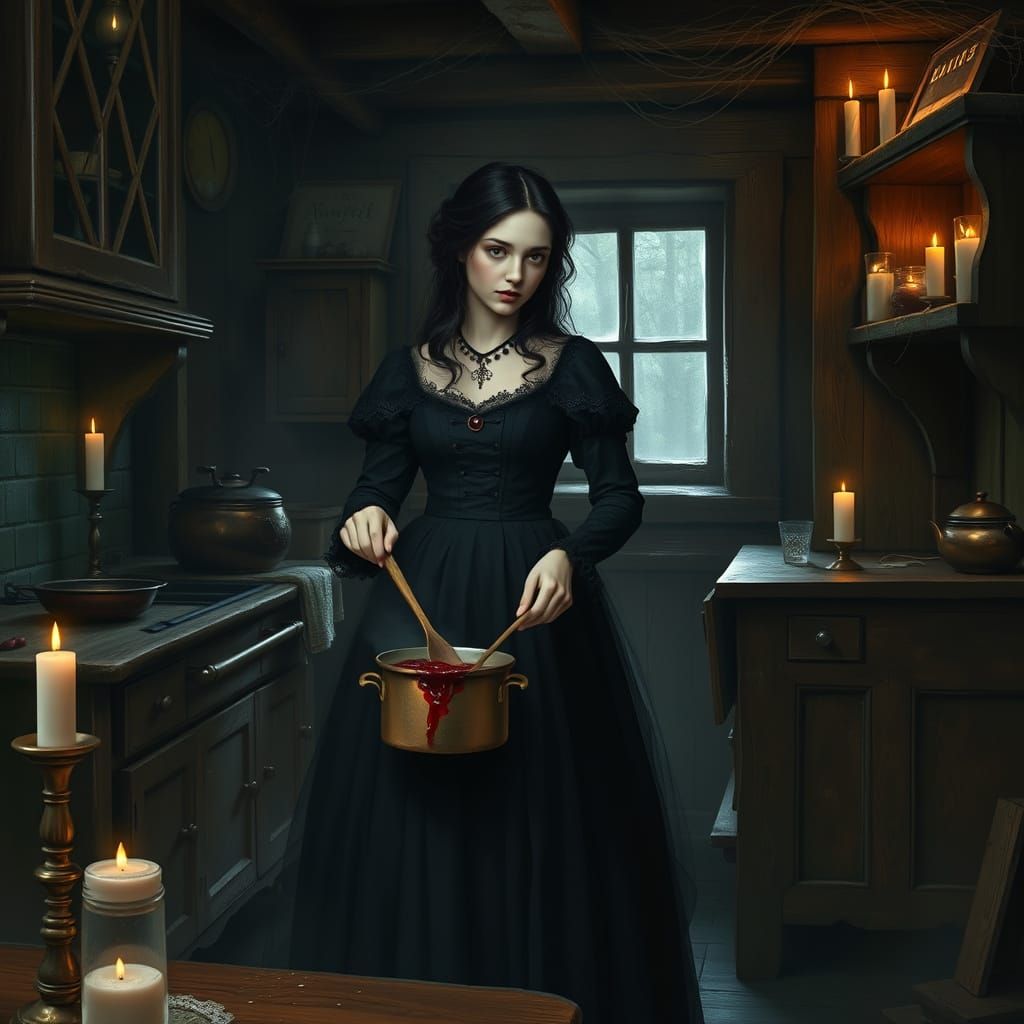 Gothic Woman in Dimly Lit Kitchen, Oil Painting