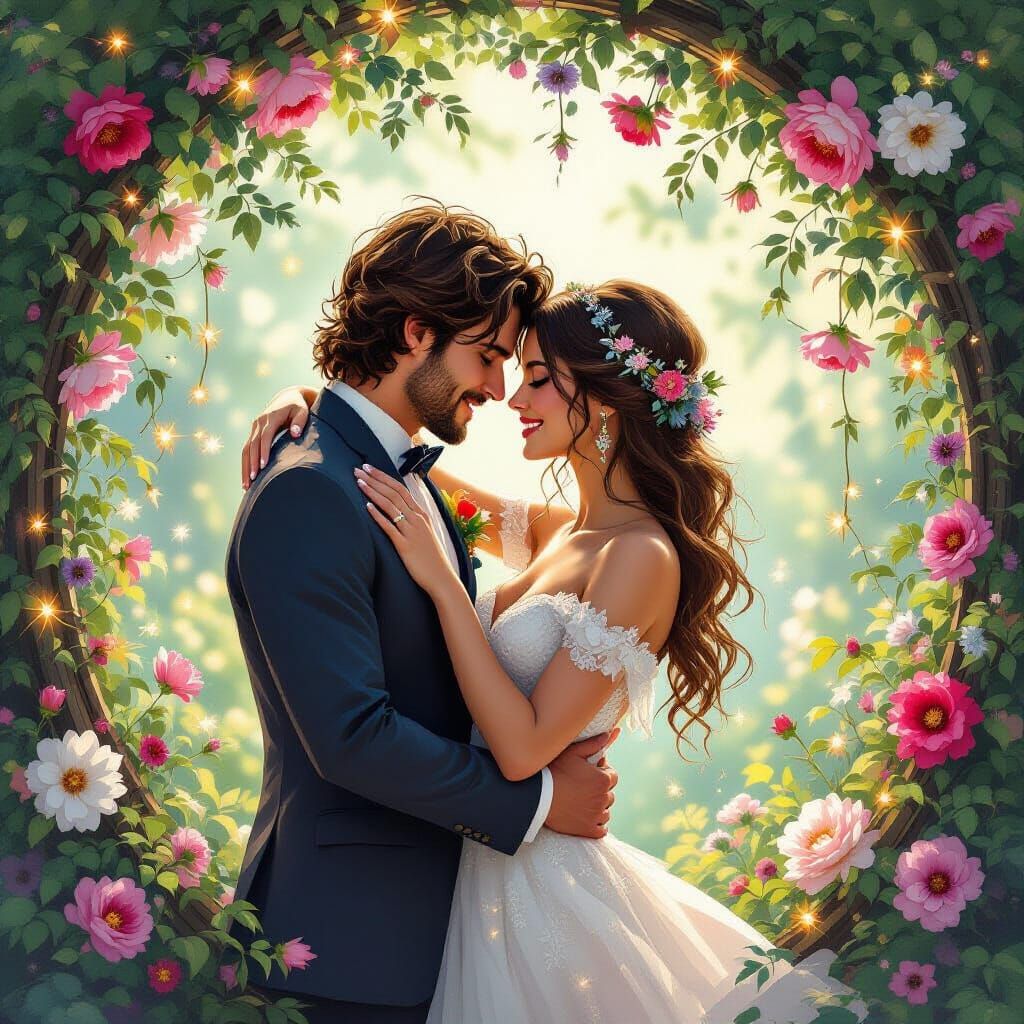 Romantic Couple Surrounded by Flowers in Art Nouveau Style