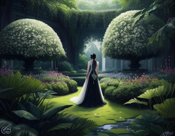 Botanical Garden Girl: Detailed Inked Drawing