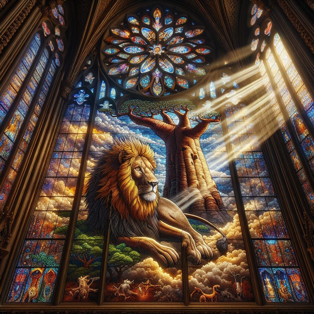 Stained Glass Lion Under Baobab Tree