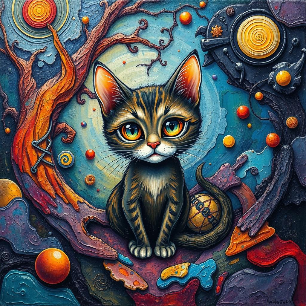 Surreal Chibi Cat in Dreamlike Impasto Landscape