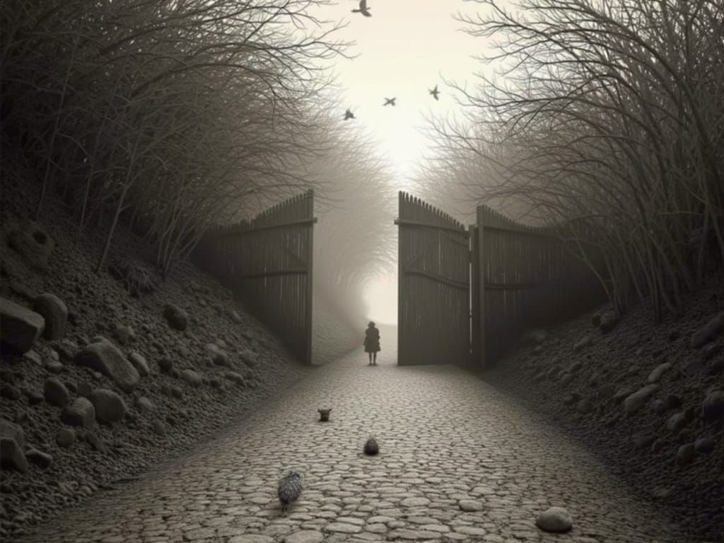 Winding Road to a Dark Forest Gate on a Stormy Day