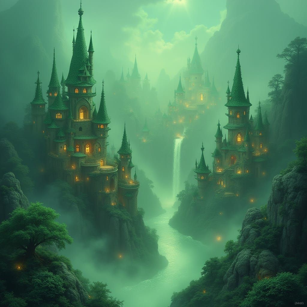 Whimsical Emerald City in Dreamlike Fantasy Landscapes
