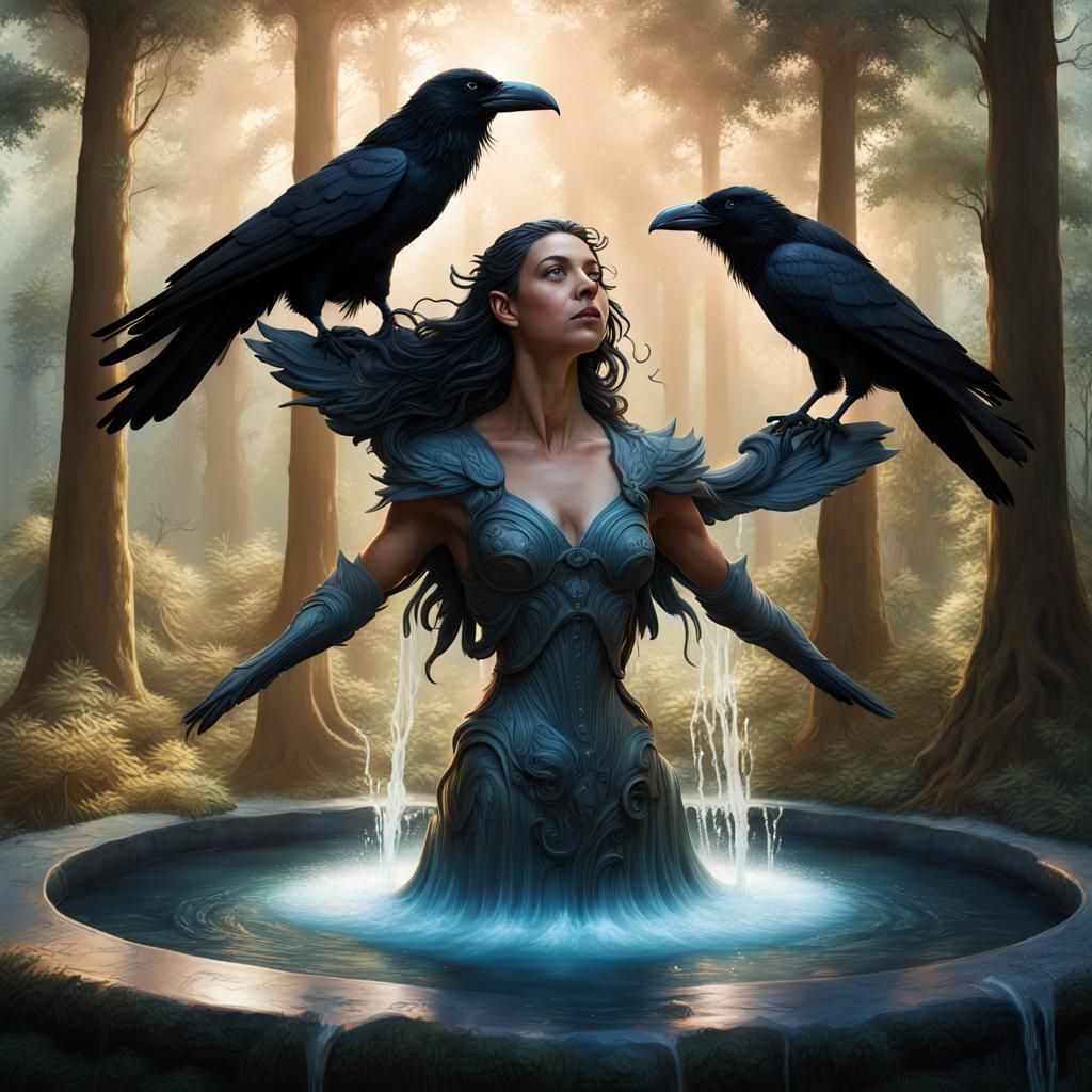 Maximalist Raven Fountain with Aliens and Fairies
