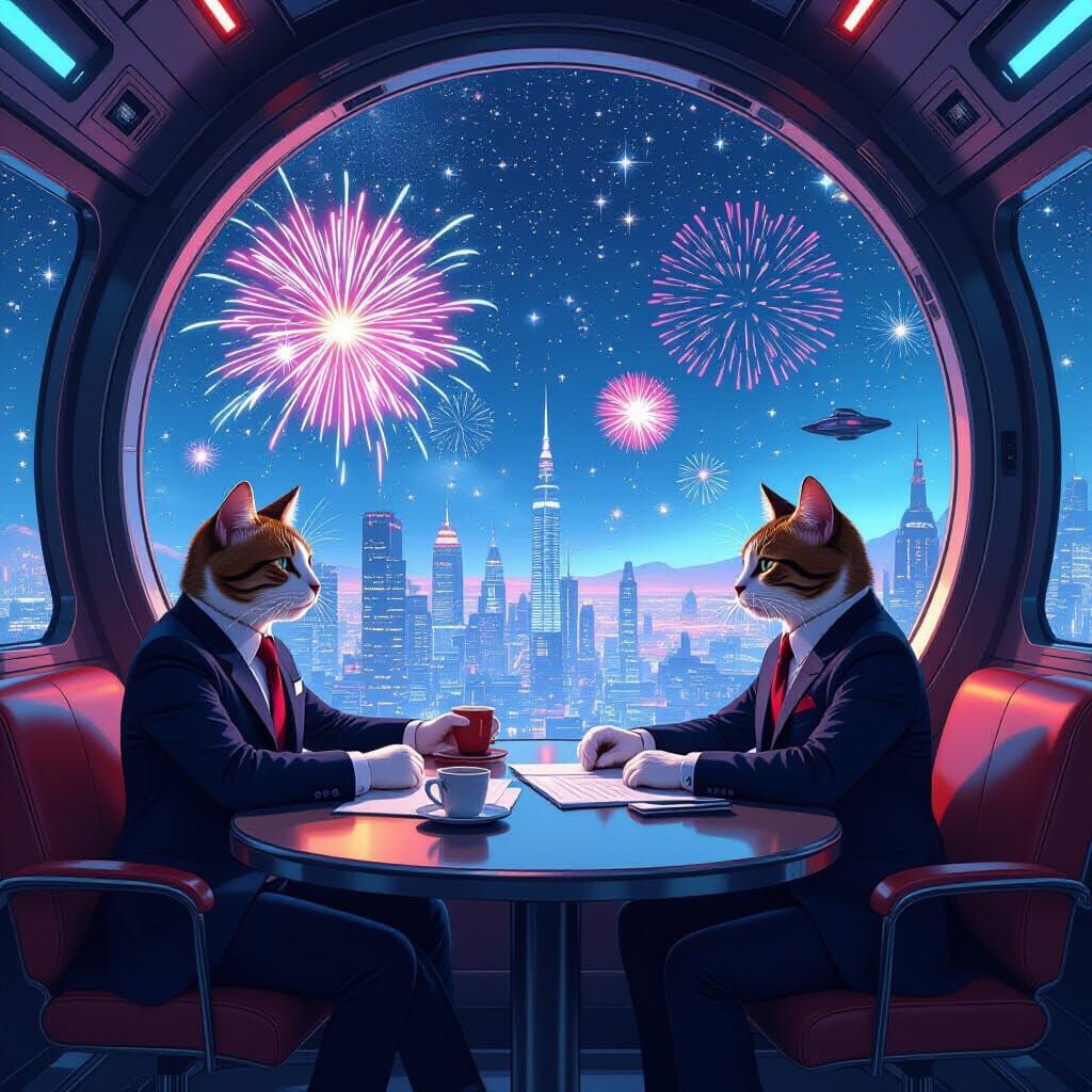 Cats Conduct Business in Space, Futuristic Digital Art