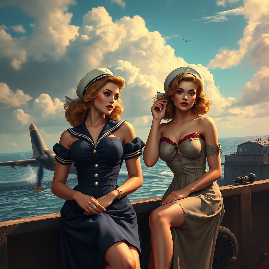 Sultry Pin-Up Girls in WW2 Navy Base Splendor