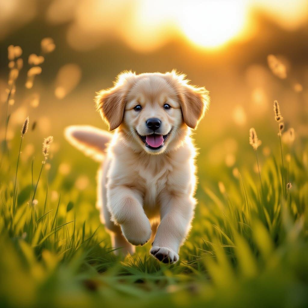Joyful Golden Retriever Puppy in Sunlit Meadow